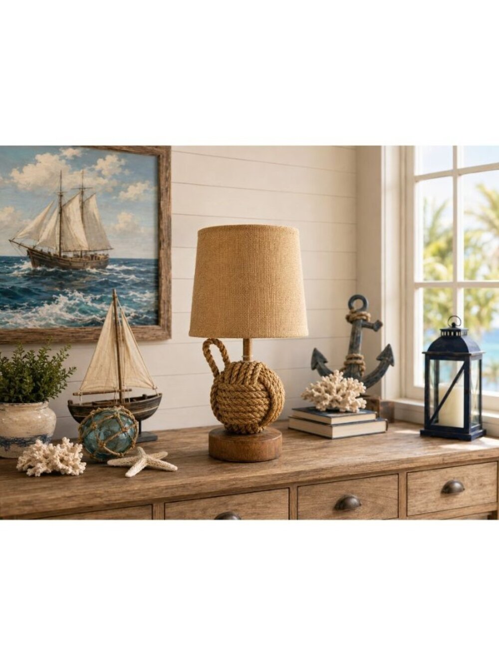 New Nautical Rope Knot Table Lamp Coastal Beach Burlap Home Office Room Decor